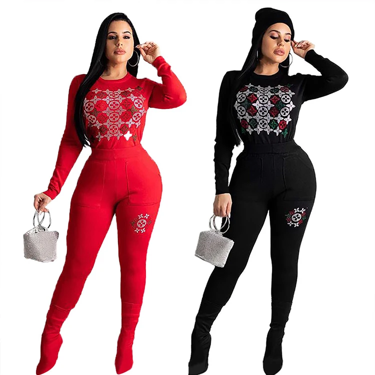 2019 Hot Casual Long Sleeve Sequins Stitching Sweatshirt And High Waist Long Pants Set 2 Pieces Jumpsuit Women