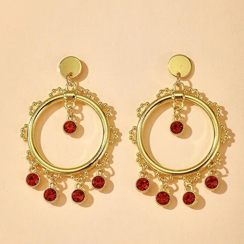 

Kaimei AliExpress cross-border jewelry simple handmade circle earrings all-match red diamond designed earrings christmas gift, Many colors fyi