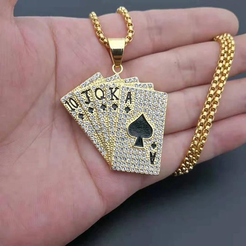 

Blues RTS Stainless Steel Full Diamond Poker Necklace Playing Cards Pendant for men women jewelry