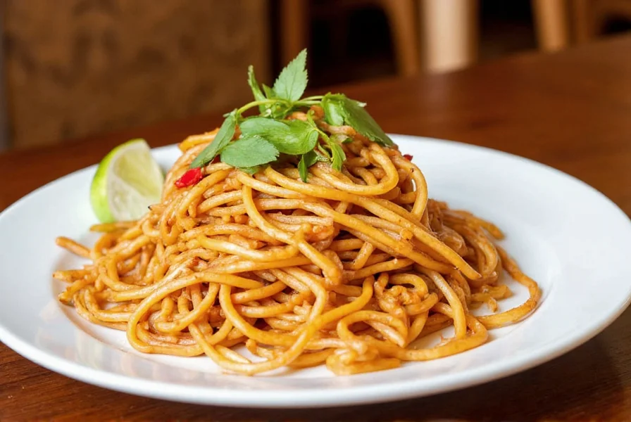 Vibrant plate of Red Pepper's signature Pad Thai with fresh herbs and lime wedge