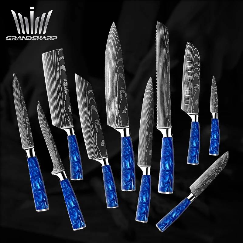 

Blue Resin Handle Stainless Steel Laser Damascus Pattern Blade Paring Santoku Nakiri Utility Boning Bread Knife Kitchen Knives