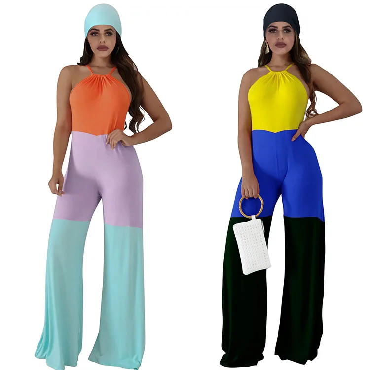 

Fashion casual halter three-color stitching jumpsuit one piece jumpsuit for women sexy multicolor jumpsuit