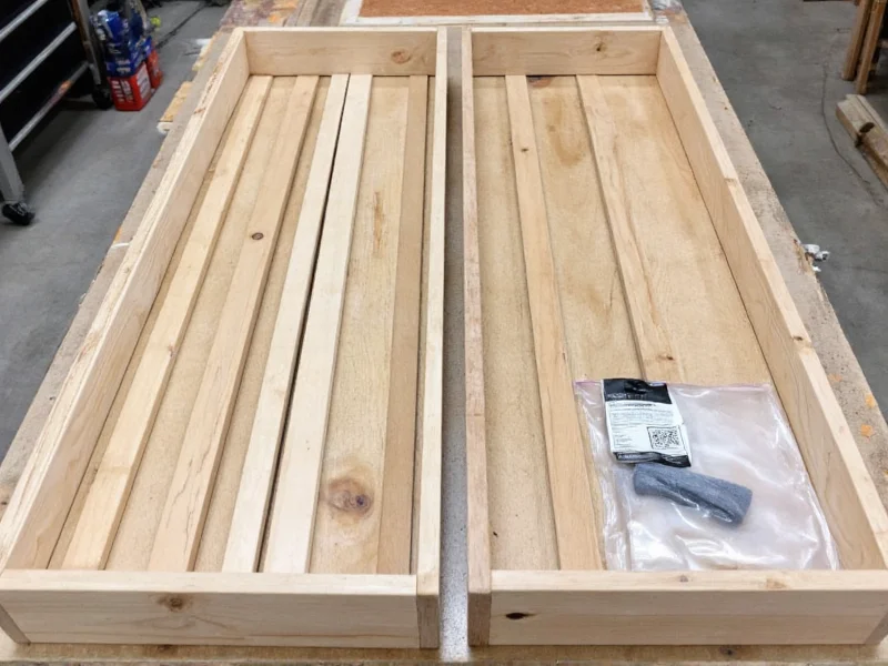 DIY garage shelf materials laid out on workbench