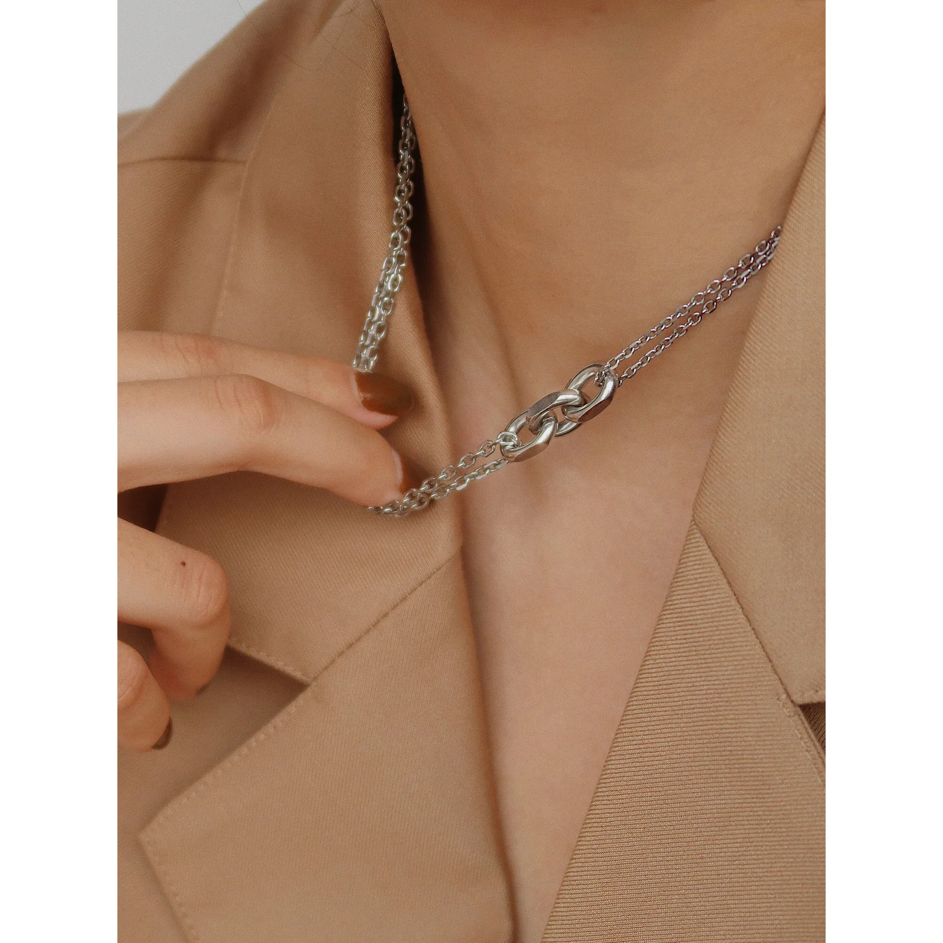 

Best Selling Silver Plating Stainless Steel Stitching Chain Necklace Double Layer Stainless Steel Link Chain Choker Necklace