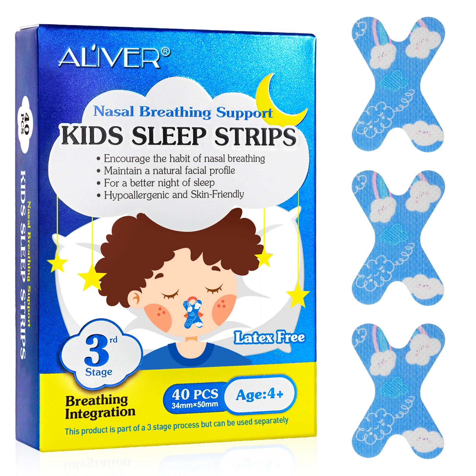 

ALIVER 40 Pcs Nasal Breathing Support Kids Sleep Strips Improved Nighttime Sleeping X Shape Mouth Tape For Sleeping