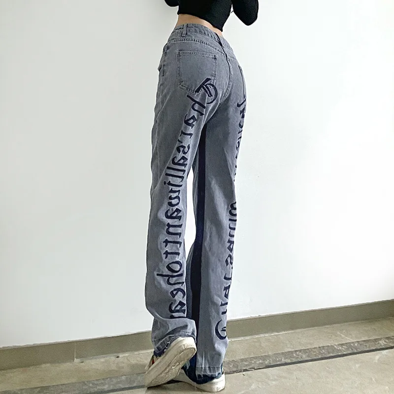 

New product 2021 high waist straight leg slimming color matching letter embroidery casual Denim jeans women, 100% cotton