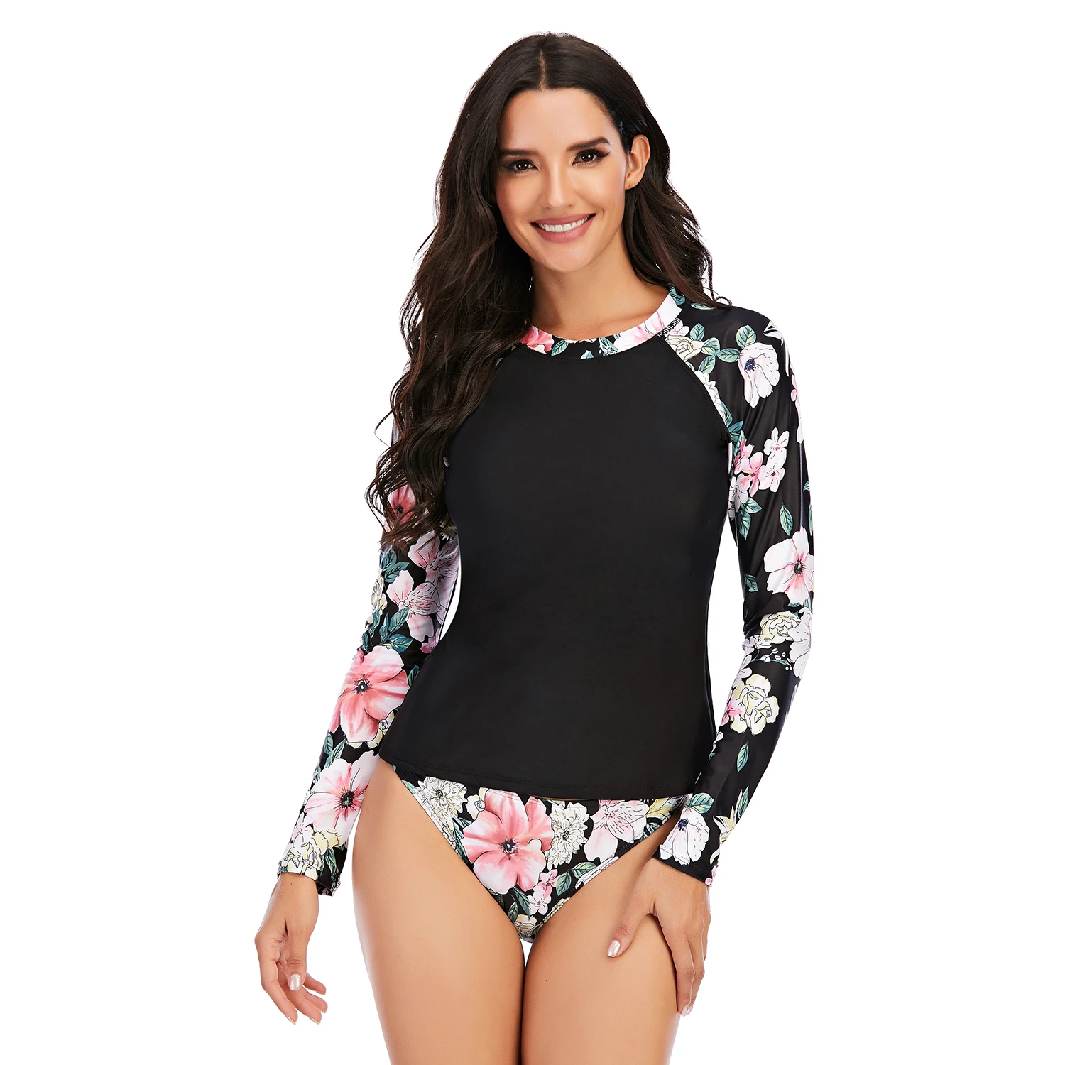 

Trendy Long Sleeve Swimwear Two Pieces Round Neck Wrap Floral Bathing Suits Ladies Rash Guard