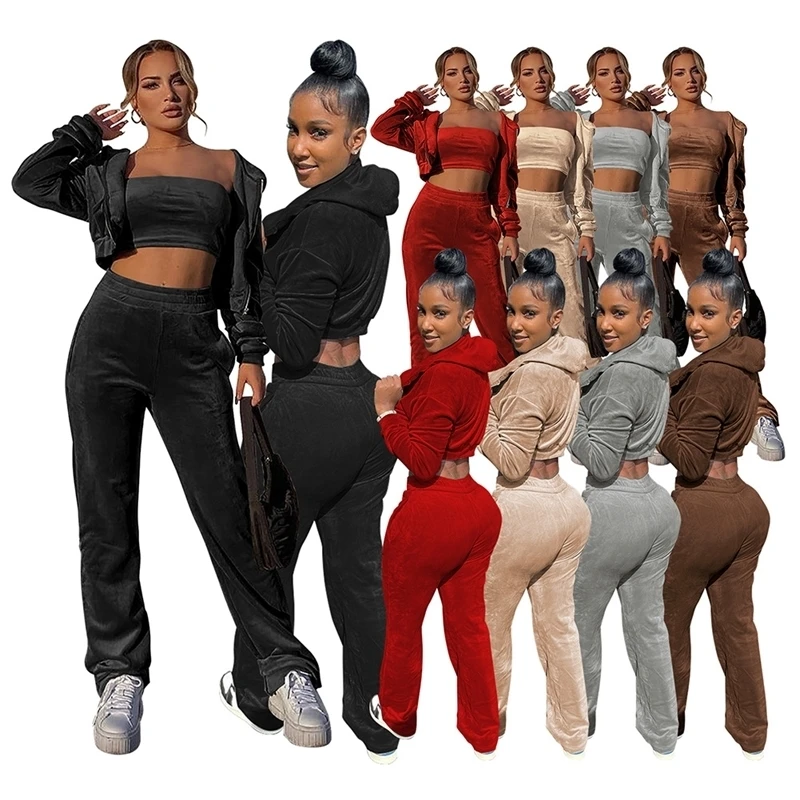 

2022 New Arrival Long Sleeve Hooded Zipper Coat Crop Top Velvet Three Piece Set Women Clothing, Picture shows