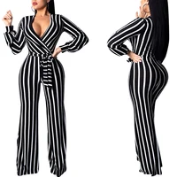 

2019 Wholesale Striped V-Neck Long Sleeve Jumpsuit Sashes Wide Leg Women Romper