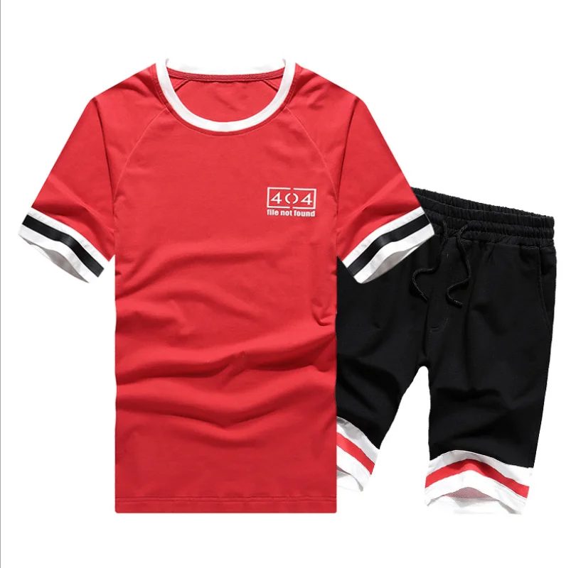 

New Arrival Trendy Fashion Mens Summer Short Sleeve Shorts Two Piece Set Contrast Color Polyester Stripe Breathable, As picture