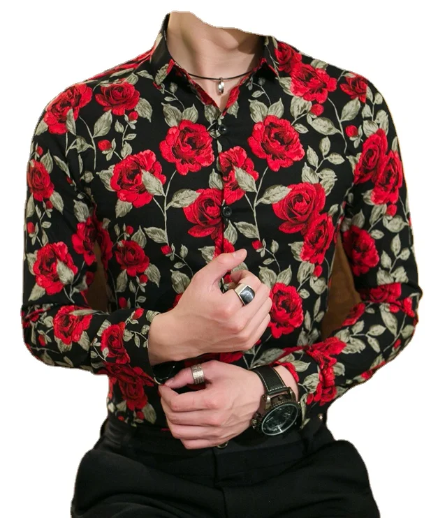 

England Style Mens Red Rose Shirts Plus Size Single Breasted 3D Shirt Men Long Sleeve High Quality Floral Shirt camisa masculina