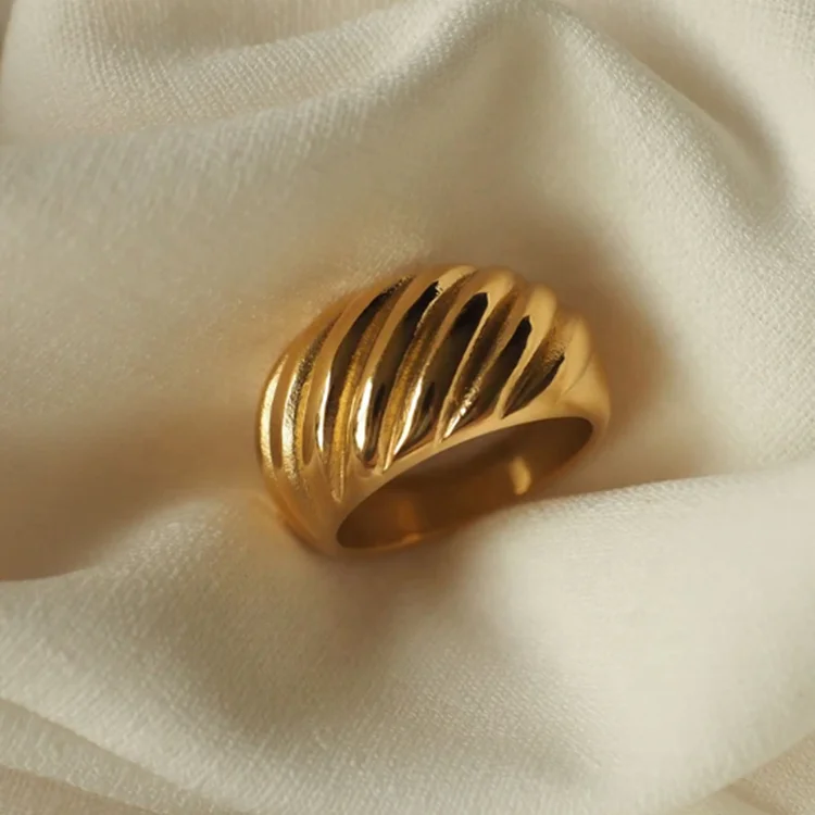 

Wholesale Custom Logo Hypoallergenic Women's Jewelry 18K Gold Plated Stainless Steel Chunky Twisted Croissant Dome Ring, Gold color