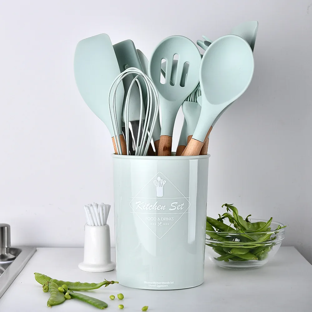 

New 12Pcs Eco Friendly Hardwood Nylon Kitchen Tools Accessories Utensil Set, Pink red black green
