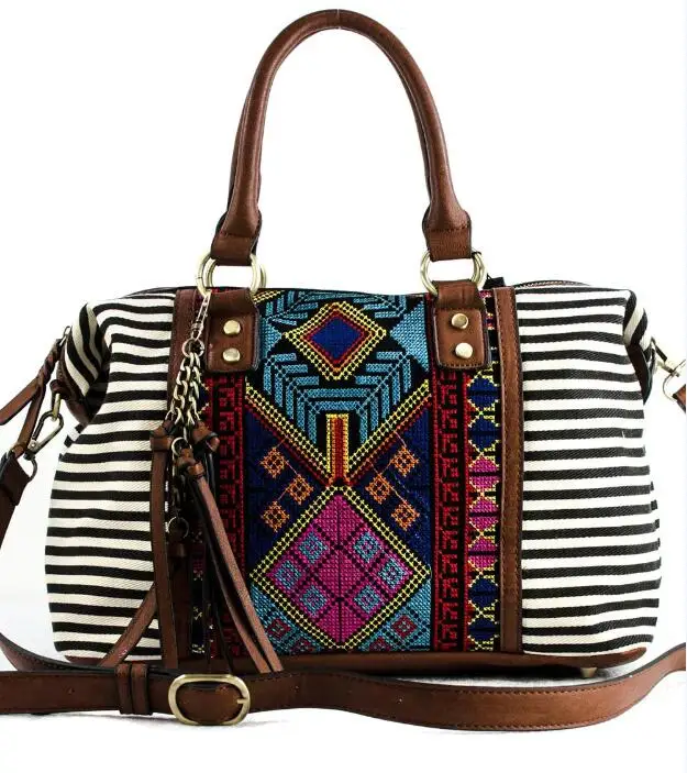 

CFP B329 Montana West Aztec Purse Stripe Canvas With Tassels Aztec Satchel Bag, As pics