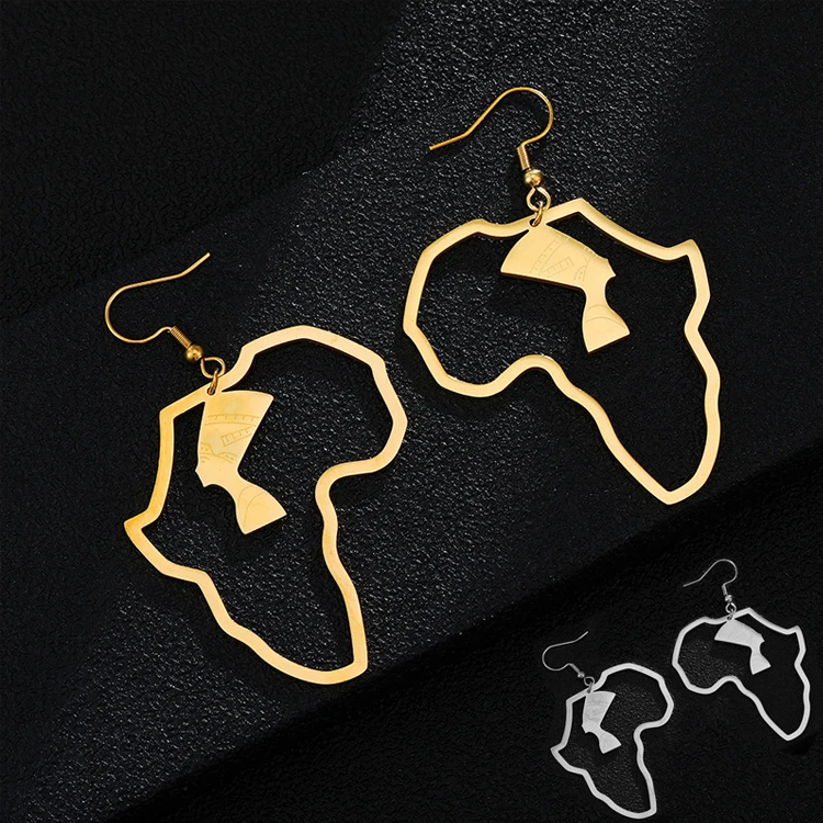 

New Design Stainless Steel Hollow Egyptian Queen Earring Portrait Arican Map Earrings, Picture