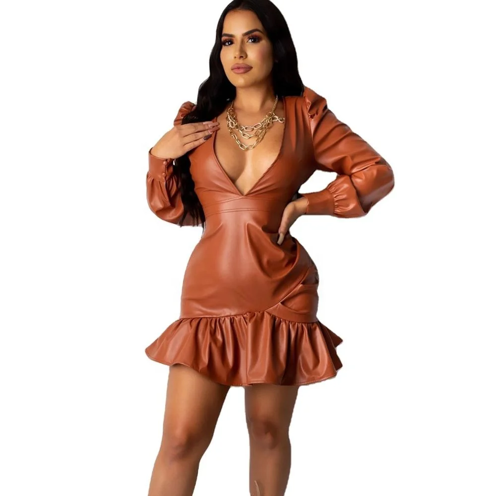 

2021 New PU Leather Deep V-neck Long Sleeve Ruffle Mini Dress Women Sexy Bodycon Fashion Casual Party Dress