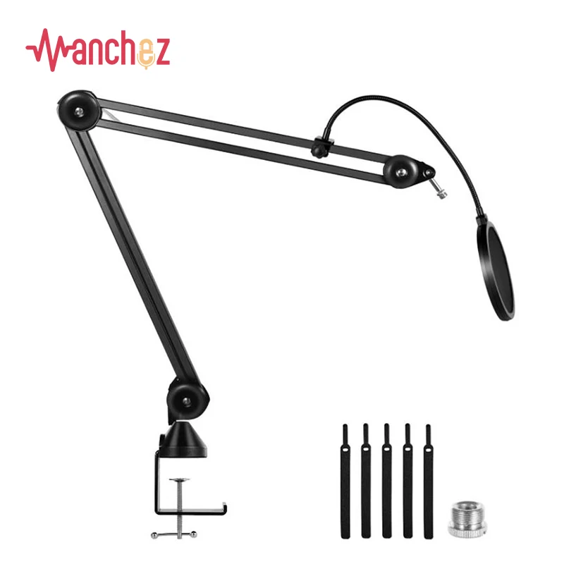 

Manchez Professional Recording Microphone Holder Suspension Boom Scissor Arm Stand Holder with Mic Clip Table Mounting Clamp, Black