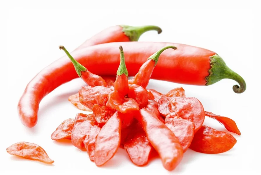 Close-up view of cayenne peppers showing vibrant red color and texture on wooden cutting board with measuring spoons