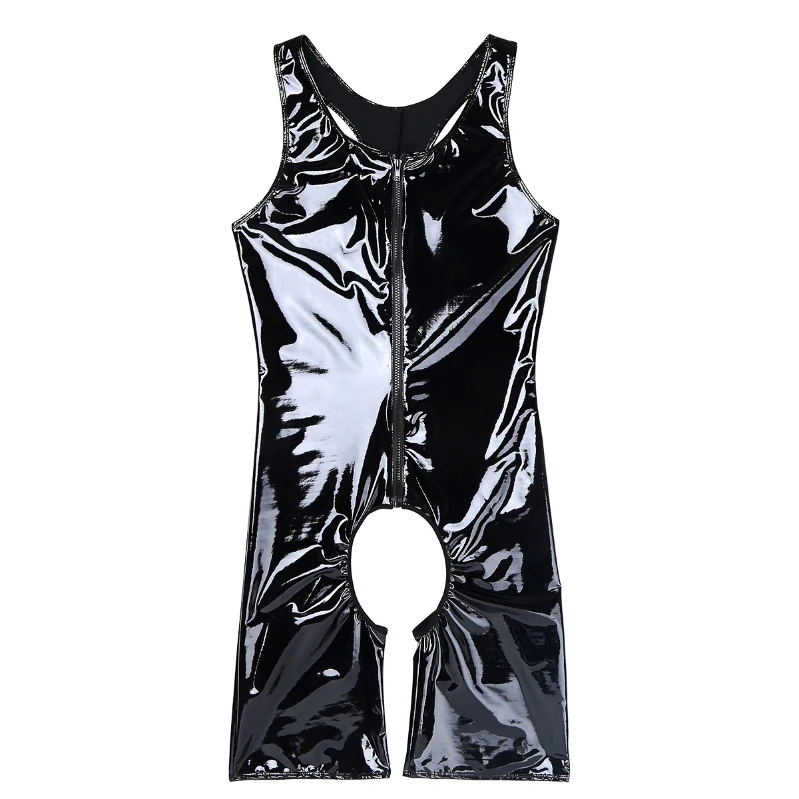 

iEFiEL Mens Patent Leather Bodysuit Underwear Gay Sexy Leather Wetlook Sleeveless Leotard Bodysuit with Zipper