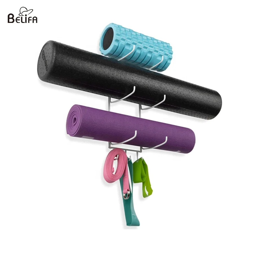 

Belifa wholesale wall mount yoga mat storage rack towel rack with 3 hooks for fitness class or home gym, White