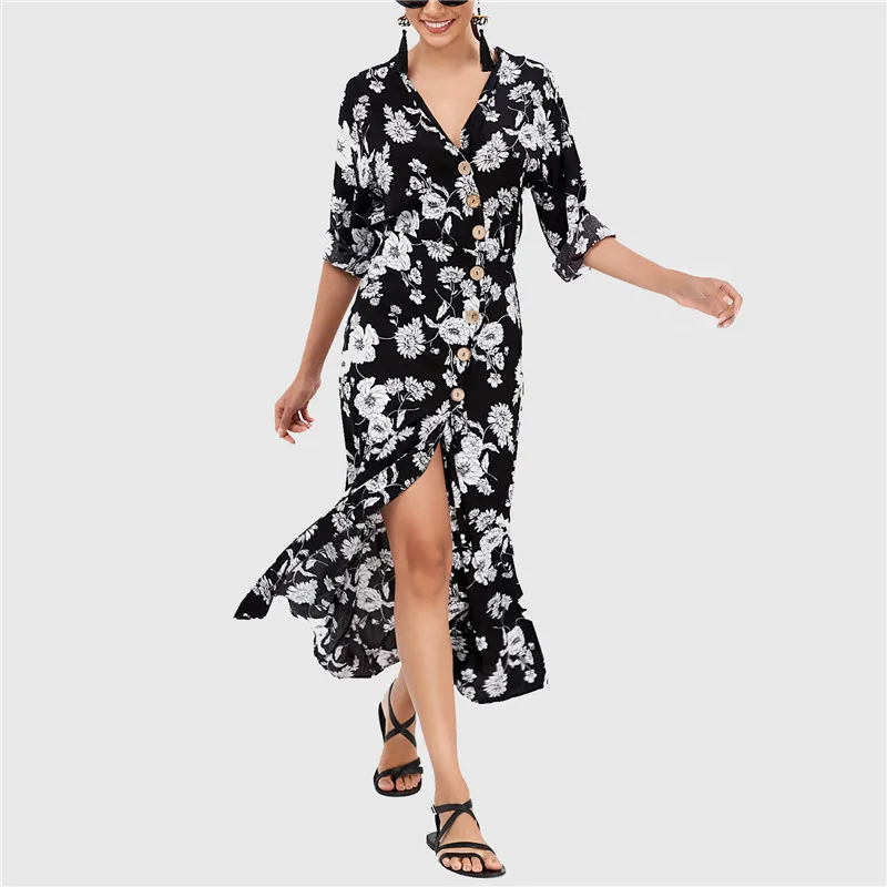 

Women Spring Summer Dress Fashion V neck Floral Print Dress Long Sleeve Maxi Dress