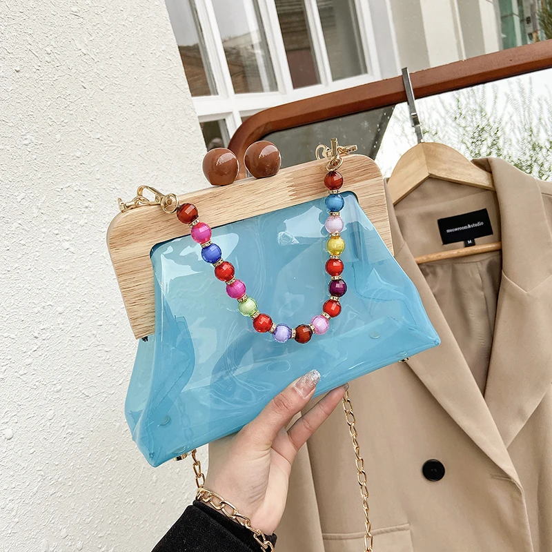 

New Arrivial Fashion Wooden Clips Pvc Women Chain Hand Bags Crossbody Shoulder Clear Handbag with Bead, As picture