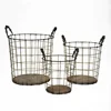 Wooden Bottom Antique vintage Industrial Metal Wire Storage Basket With Handle