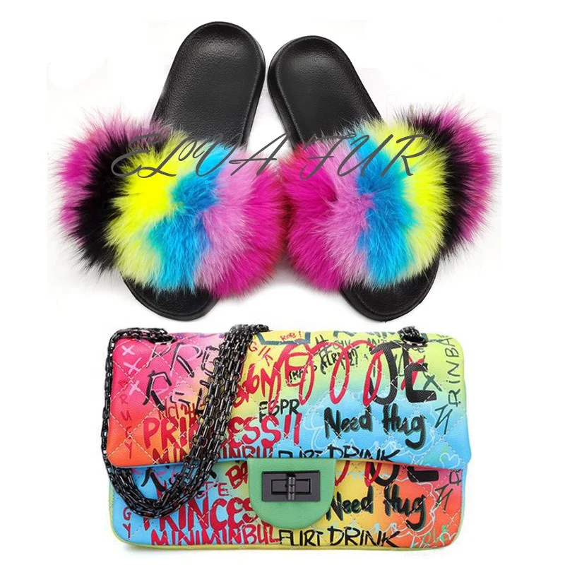 

2020 ELVA FUR custom USA jelly real fur sandals slides handbags and purses with full shoe sizes fur slides, Colours