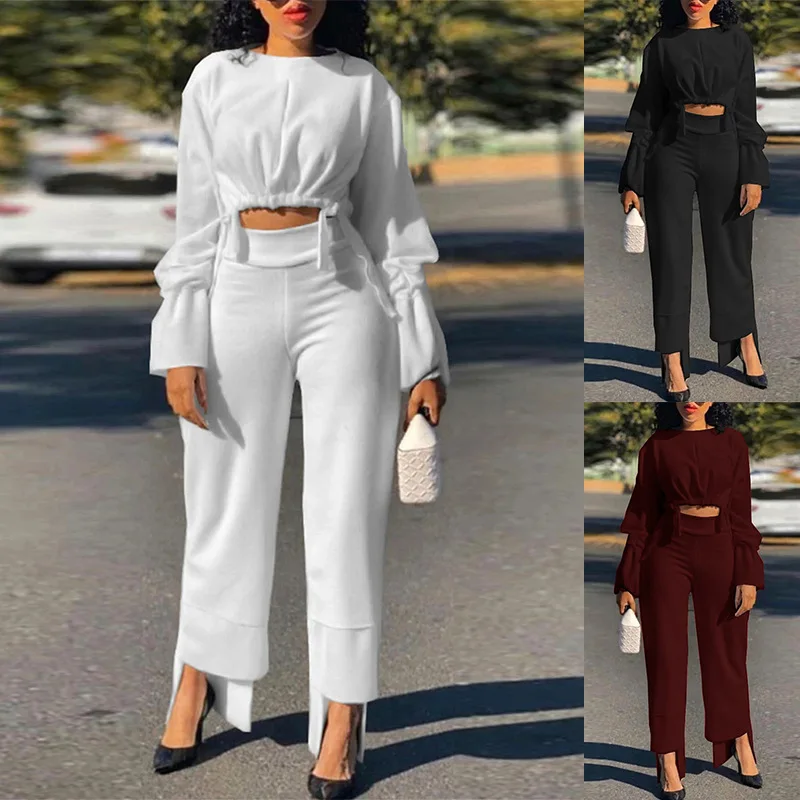 

Spring 2022 Women'S Clothing Pleated Blouse And Irregular Pants 2 Piece Set Ladies Solid Tracksuit set Office Street Wear