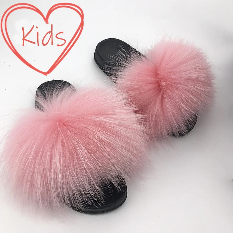 

Wholesale Custom kids Fluffy fox fur slides ready to ship solid color animal fur PVC sole soft slippers