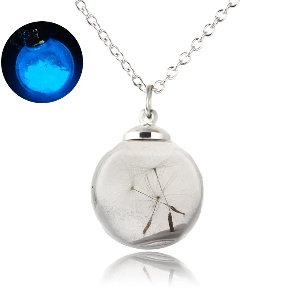 

New Hot Glowing Round Ball Necklace With Dandelion Gem Charm Jewelry Silver Plated Women Halloween Glass Luminous Stone Ne