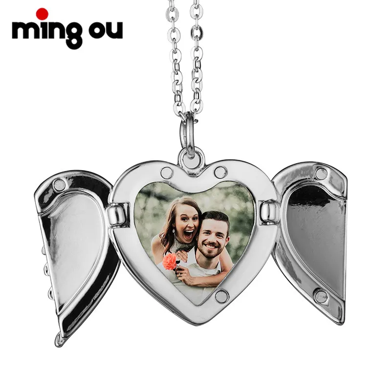 

New Arrival Angel Wings Sublimation Blank Necklace Heart Lockets Pendant Necklace, Silver