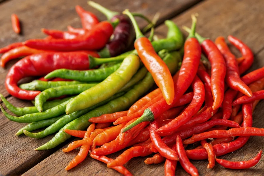 Close-up of various dried chili varieties arranged by color and size on wooden table