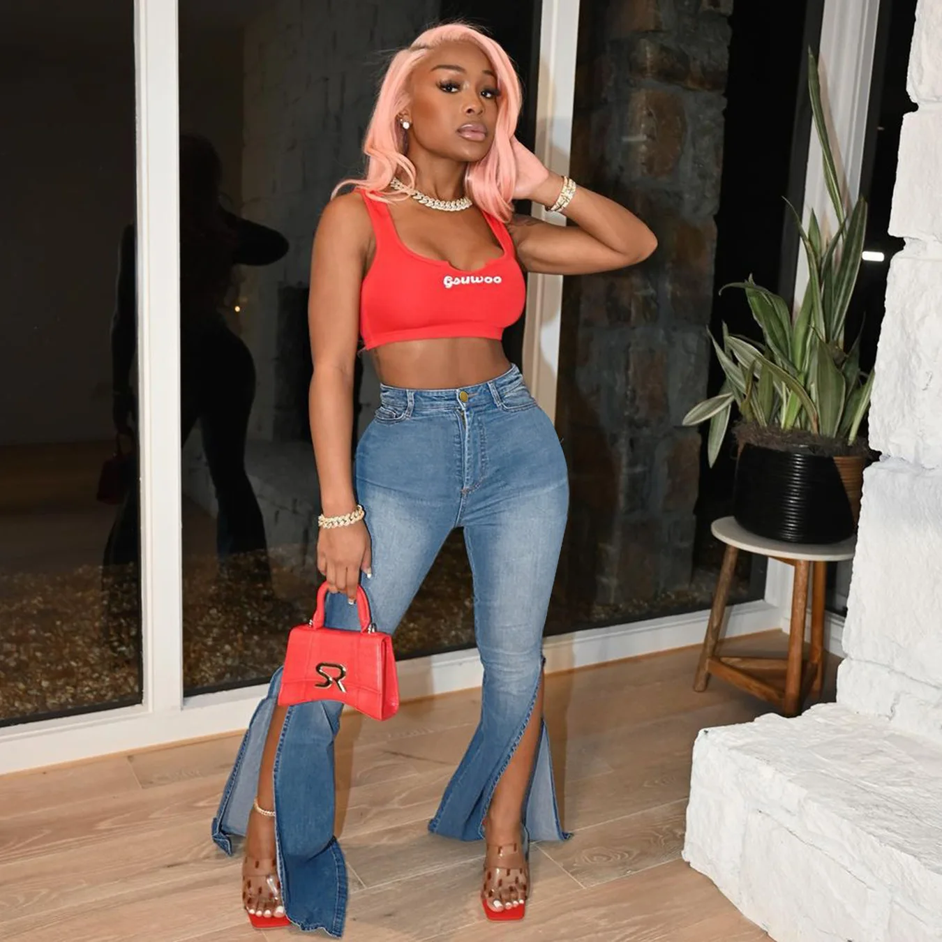

Dvacaman 2021 Fashion New Arrivals Spring Casual 2 Color Plus Size Women Sexy High Waist Split Flared Denim Jeans, Blue / dark blue