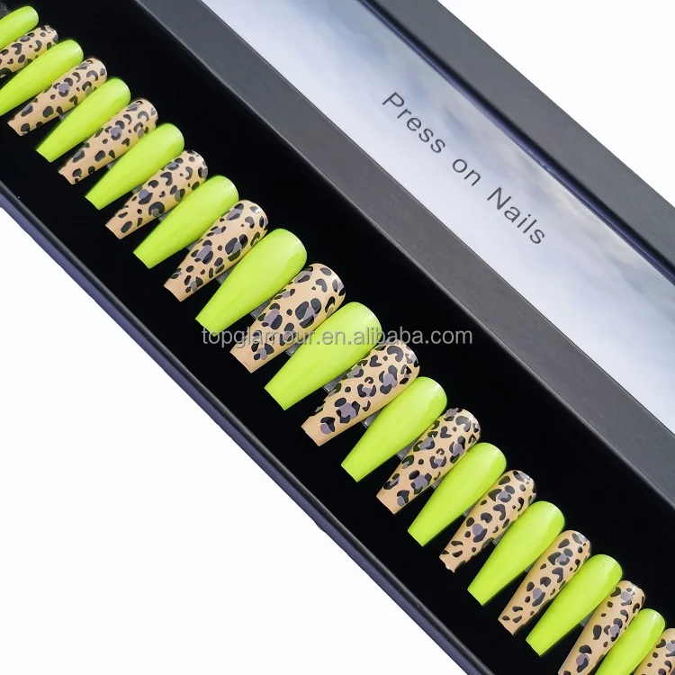 

Factory wholesale long coffin press on nails 24 pcs fashion design artificial fingernails with jelly glue, Green