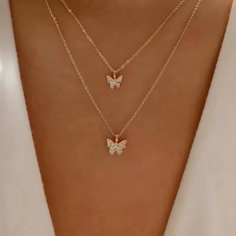 

women dainty charm choker gold plated link chain double layers rhinestone butterfly pendant necklace