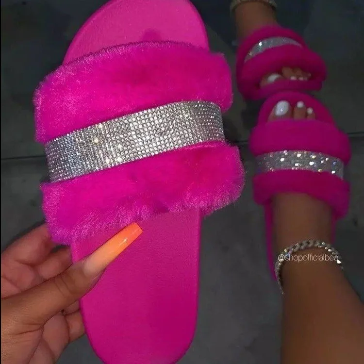 

Hot Sale Women's Slippers Diamonds Furry Design Sandals Fashion Rhinestone Slide Shoes Bling Women's Sandals, 8 colors option