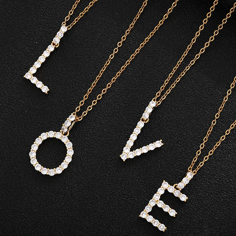 

Luxury Real Gold Plated Stainless Steel Chain CZ Cubic Zirconia Initial Necklace Full Crystal A To Z Alphabet Necklace, Picture color