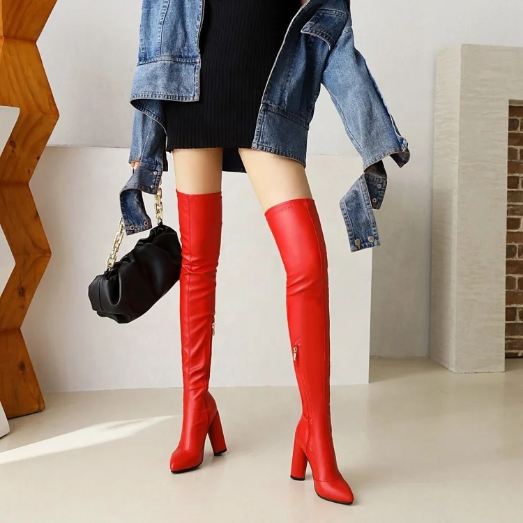 

Stretch Leather Skintight Women's Over the Knee Boots Pointed Toe Side Zipper Thick Heel Boots Solid Red White Color Long Boots, Black,white,red
