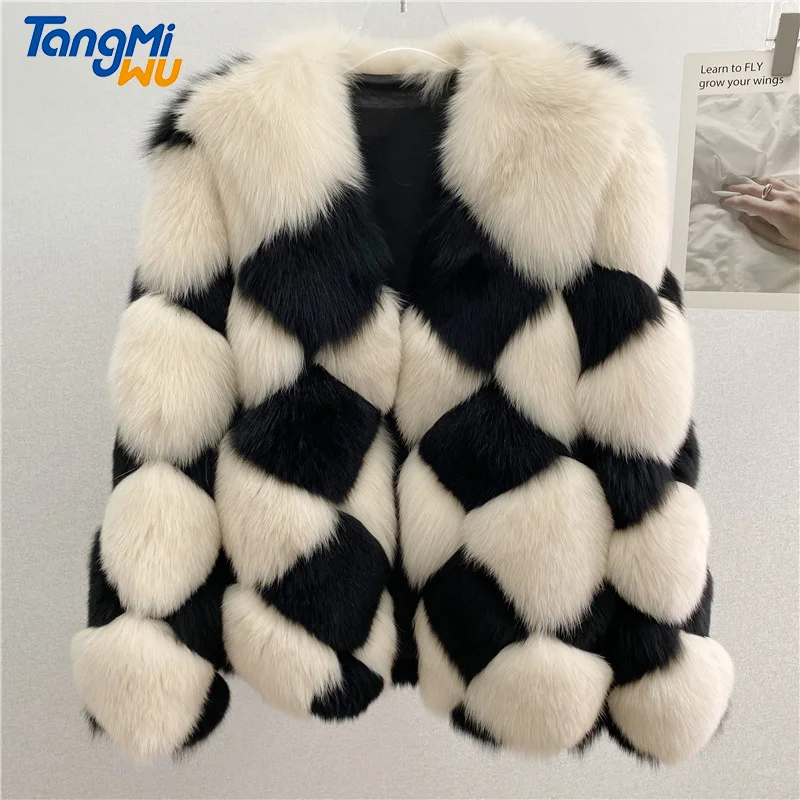 

TMW luxury clothing checkerboard designer plus size over coat Finland imports real fur pink topcoat jacket fox fur coat