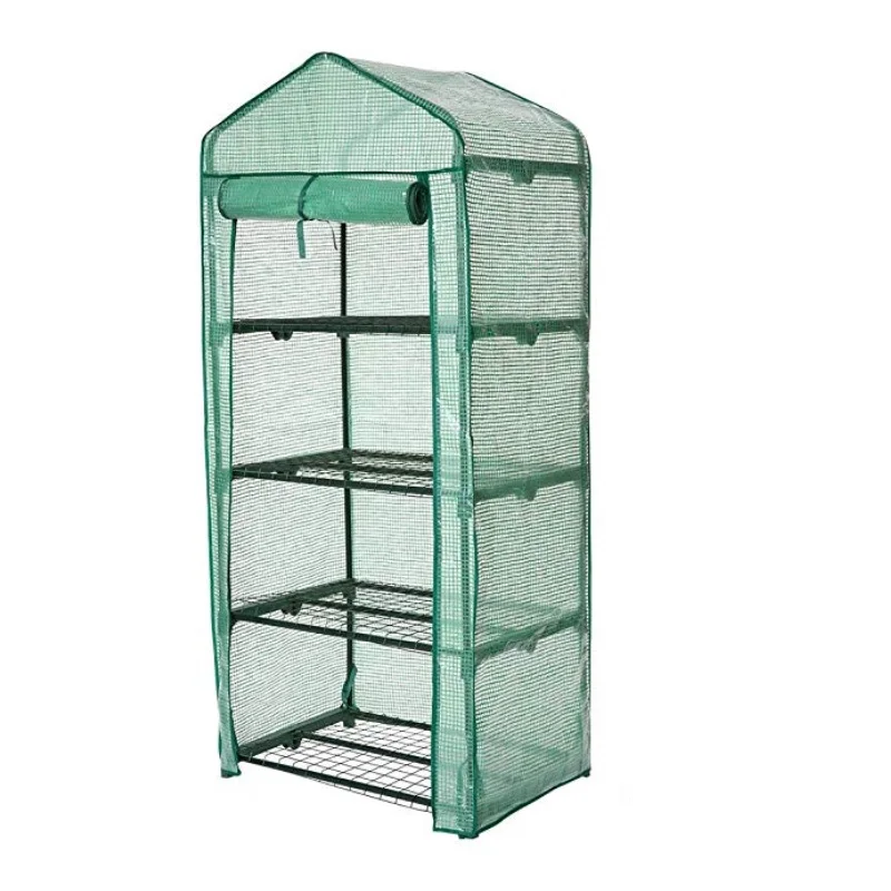 

4 tier greenhouse mini flower shelf with PVC/PE cover, Clear/white/green