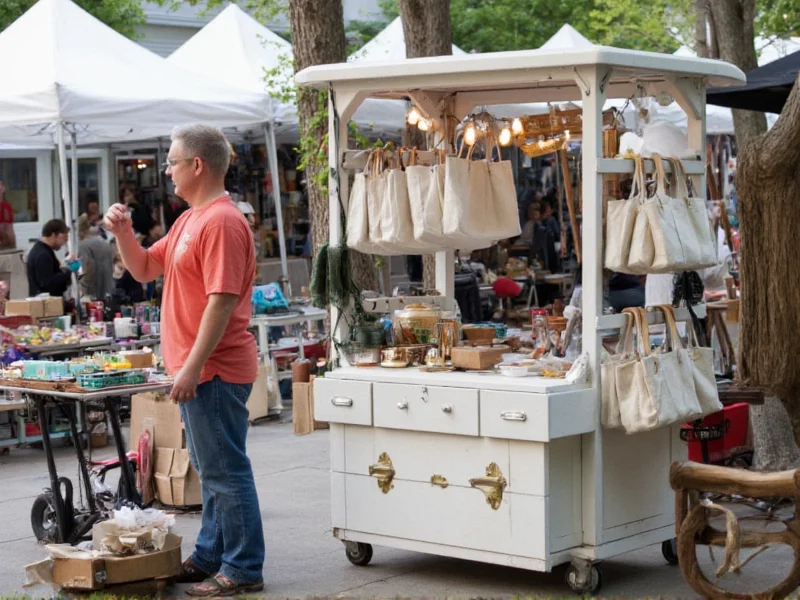 Artisan using craft cart at outdoor market with canvas bags