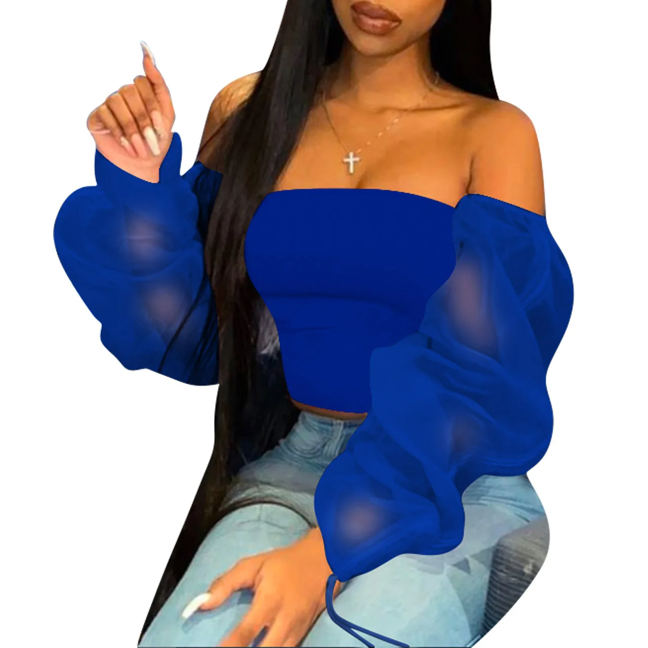 

Hot Fashion Sexy Womens Tops Sexy Mesh Long Sleeve Off Shoulder Tops Custom Tops for Women See Through Clubwear