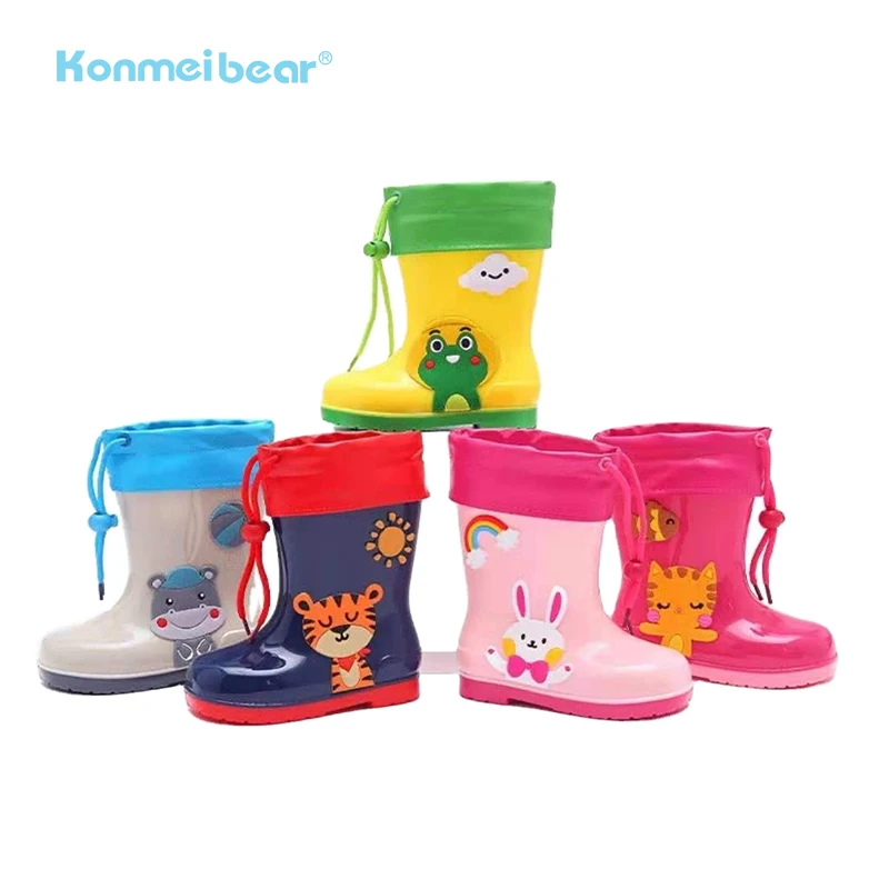 

Low MOQ Easy On Rubber Wellies Kid's Waterproof Animal Character With Contraction Rope Children Printed Rain Boot, Yellow/pink/purple/grey/blue/dark blue
