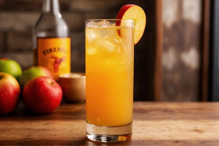 Fireball whiskey and apple juice cocktail in a highball glass with apple slice garnish