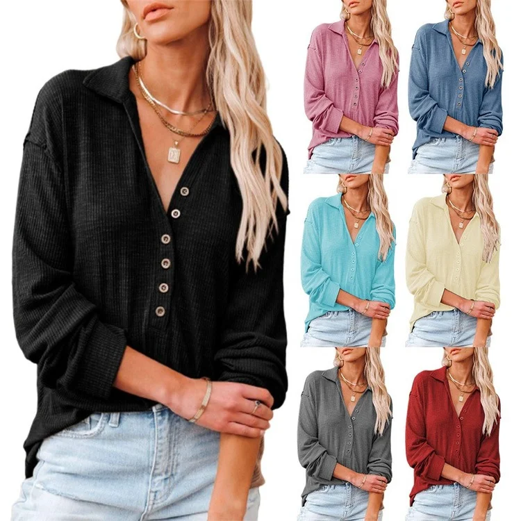 

2022 Summer New Arrival Autumn Fashion Women's Waffle Knit Tunic Tops Loose Long Sleeve Button Up V Neck Henley Shirts