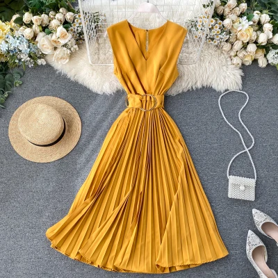 

2020 Latest Women Vintage Sleeveless Midi Dress With Belt
