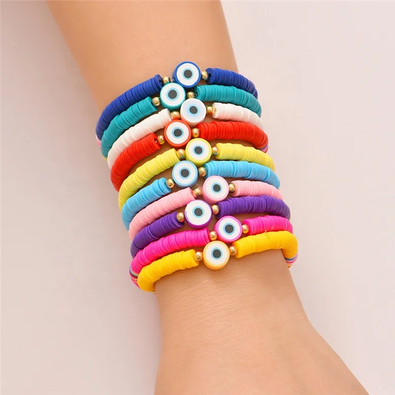 

Hot Sales Bohemian Rainbow Round Eye Polymer Clay Slices Stretch Beads Acelets Bracelet Handmade Friendship Women Jewelry
