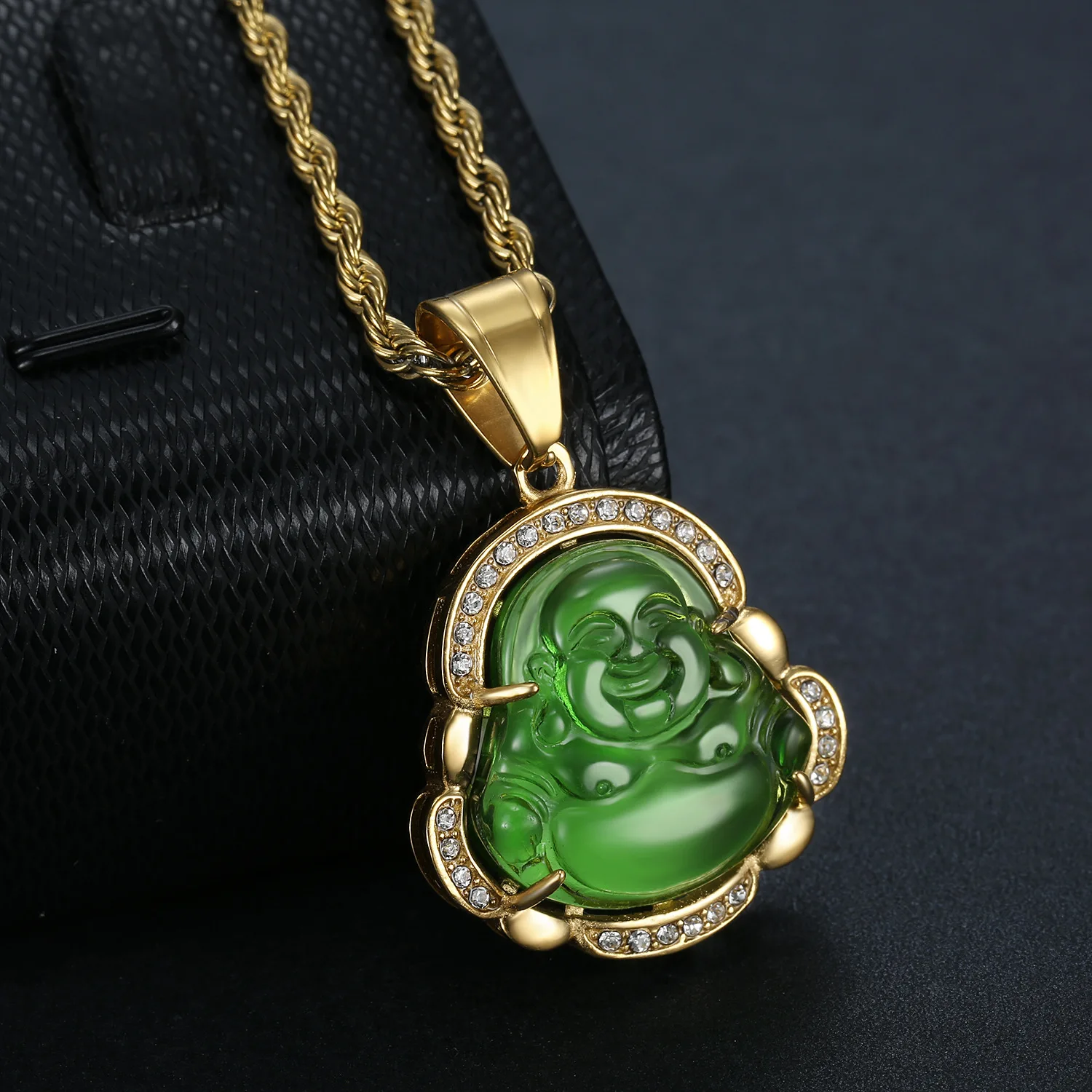 

Trendy Crystal Edge Stainless Steel Pendants For Necklace Multi Color Religious Maitreya Natural Jade Buddha Buddah Necklace