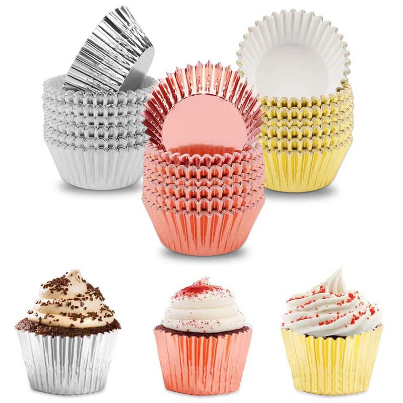 

100pcs per PVC box packing Custom Grease Proof Baking Mold Disposable Foil Metallic Cupcake Liners Muffin Paper Baking Cups